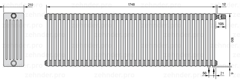 Схема (чертеж) Радиатор Zehnder Charleston 6090/38 №V002 Белый глянцевый RAL 9016